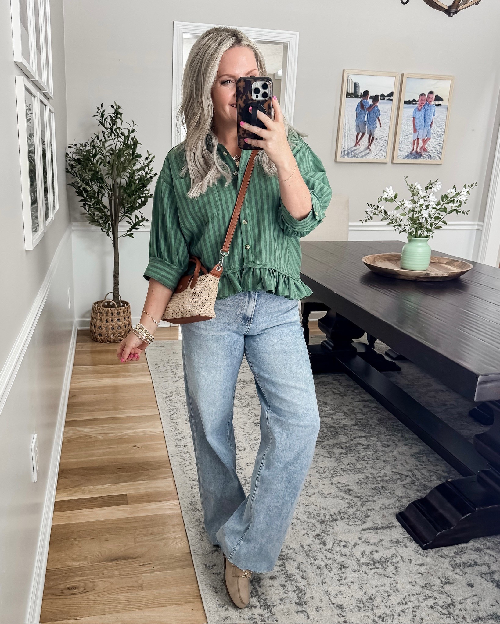 Spring casual outfit ideas all from Amazon! These jeans are SO comfortable AND flattering!! I can’t believe they are from Amazon! I am in size 28 (can size down) and had to cut off about an inch from the bottom hem bc they were a bit long (I’m 5’3”). 
This striped peplum shirt is a look for less and I’m loving the green stripes for spring! I’m in medium, can get your true size. 

#LTKOver40 #LTKSeasonal #LTKootd