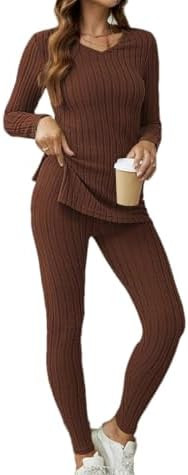 Women's Casual Sets Solid Ribbed Long Sleeve Round Neck Split Hem Top Pants Outfits 2 Piece Set | Amazon (US)