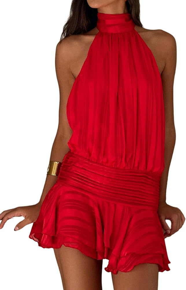 Women Halter Mini Dresses Tie Back Chiffon Short Dress | Amazon (US)