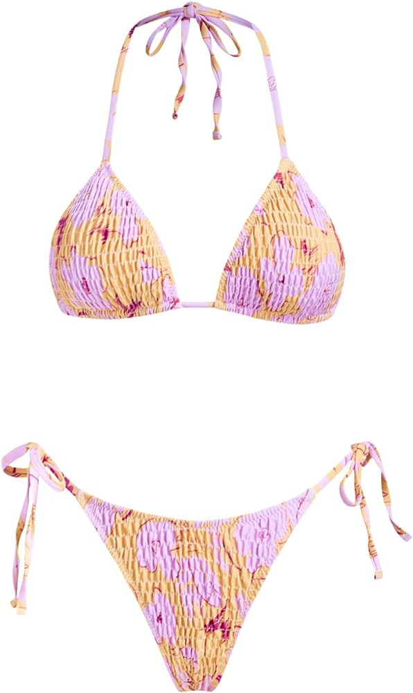 VOLAFA Women's Triangle Bikini Set String Swimsuit Print Tie Smocked Ruched Two Piece Bathing Sui... | Amazon (US)