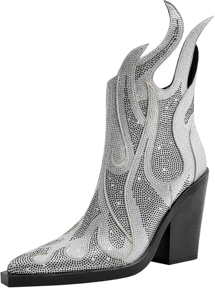 Goolita Sparkly Rhinestone Western Cowboy Boots For Women Pointed Toe Chunky Heel Ankle Boots Fas... | Amazon (US)