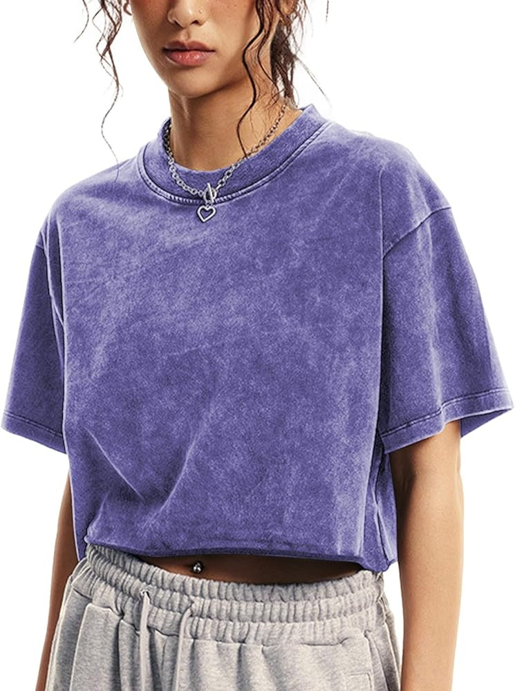 Womens Oversized Vintage T Shirts Casual Cropped Tees Short Sleeve Cotton Acid Wash Tops Summer G... | Amazon (US)