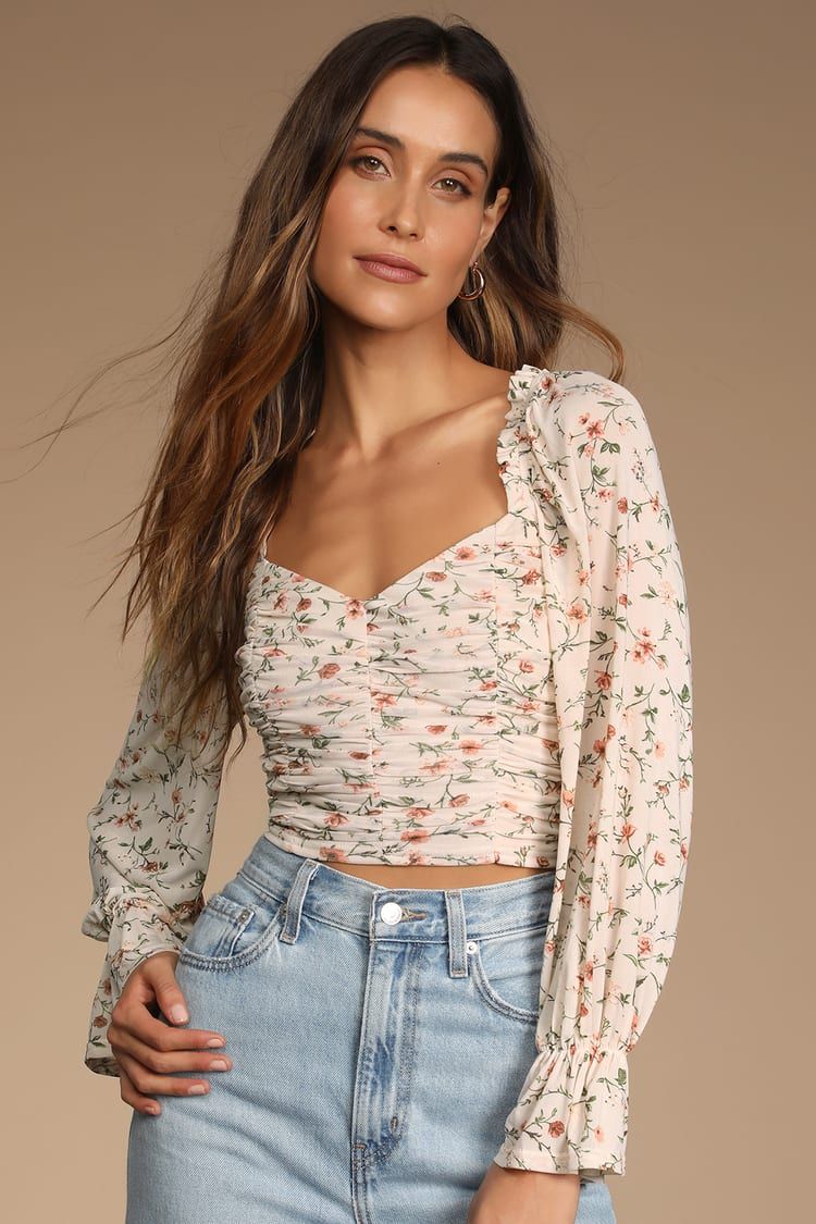Blooming with Bliss Peach Floral Print Ruched Long Sleeve Top | Lulus (US)