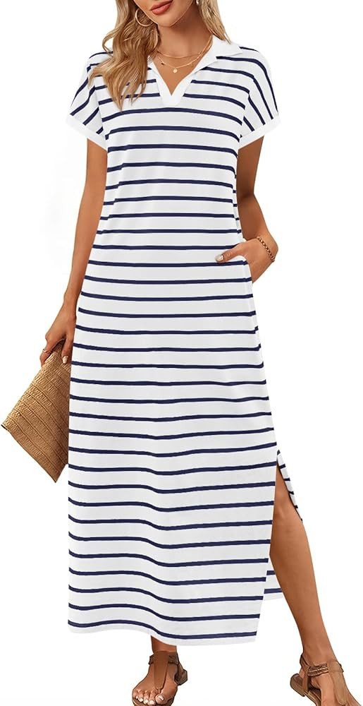 MEROKEETY Women's Summer Striped Short Sleeve Dress V Neck Collared Side Slit Casual Beach Maxi D... | Amazon (US)
