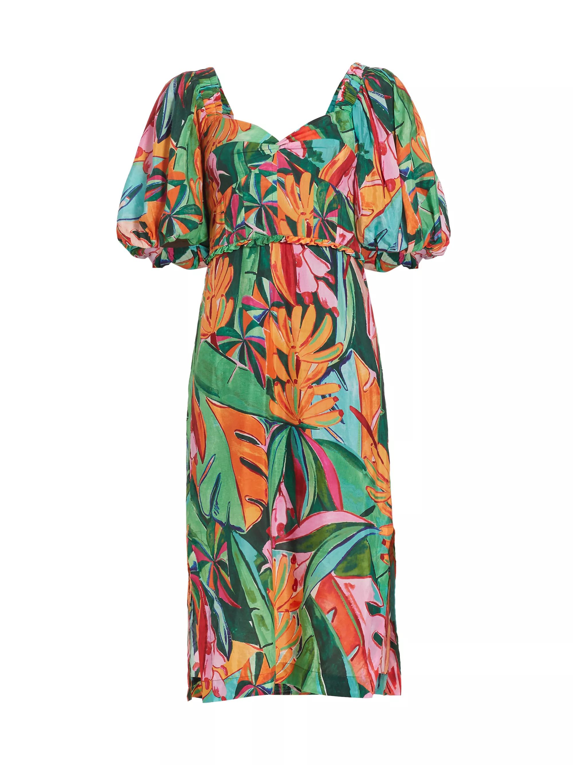 Banana Foliage Puff-Sleeve Cotton Voile Midi-Dress | Saks Fifth Avenue