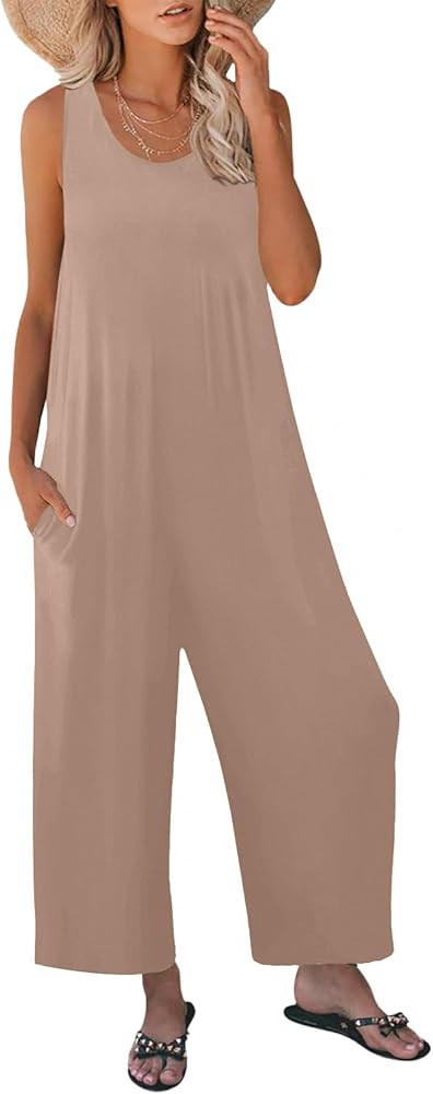 Women's Summer Casual Loose Tank Jumpsuit Sleeveless Crewneck Long Pants Jumpsuit Romper with Poc... | Amazon (US)