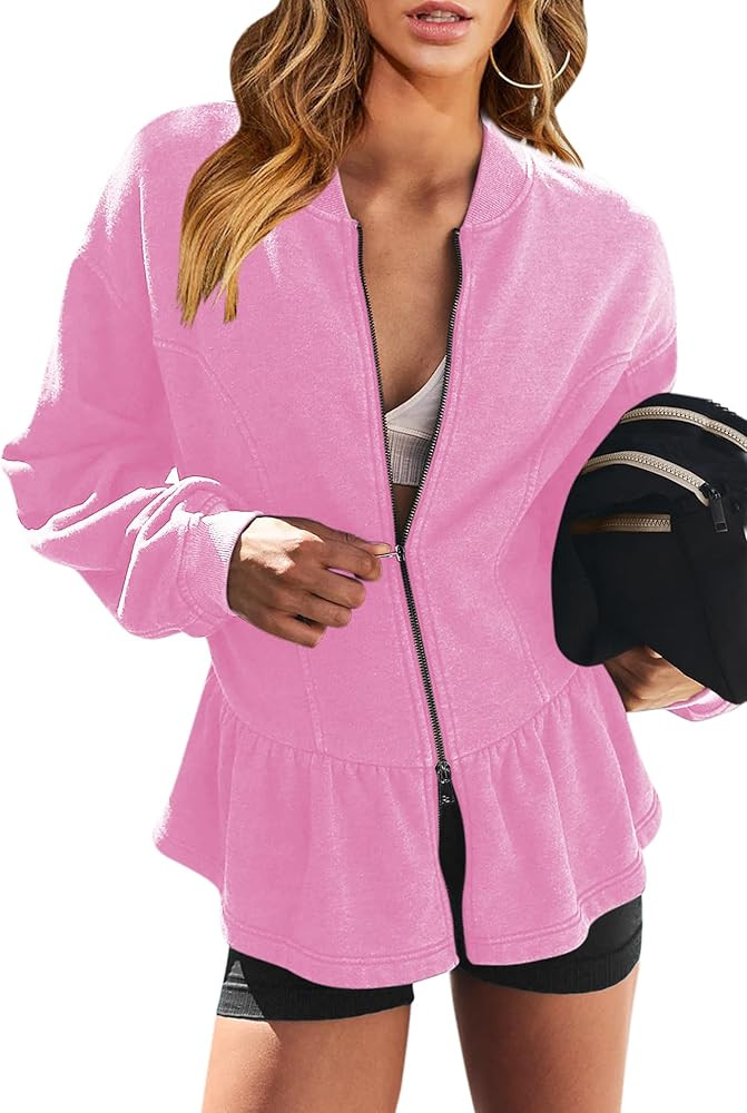 Orchidays Women's Zip Up Peplum Sweatshirts Jackets Long Sleeve Casual Loose Outwear Ruffle Hem C... | Amazon (US)