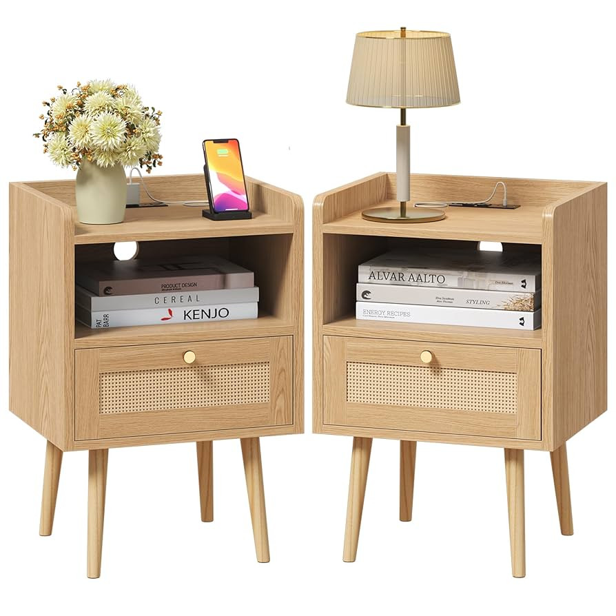 Night stand Set of 2, Bedside Tables with Charging Station, Rattan End Tables, Boho Bed Side Tabl... | Amazon (US)