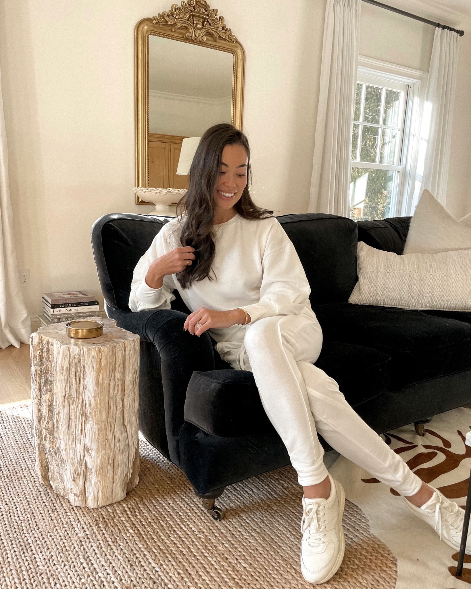 Kat Jamieson of With Love From Kat wears a fall outfit. White sweatshirt, white sweatpants, white sneakers, neutral outfit, fall style. 

#LTKstyletip #LTKSeasonal
