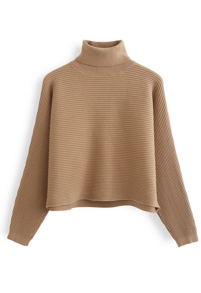 Basic Rib Knit Cowl Neck Crop Sweater in Caramel | Chicwish