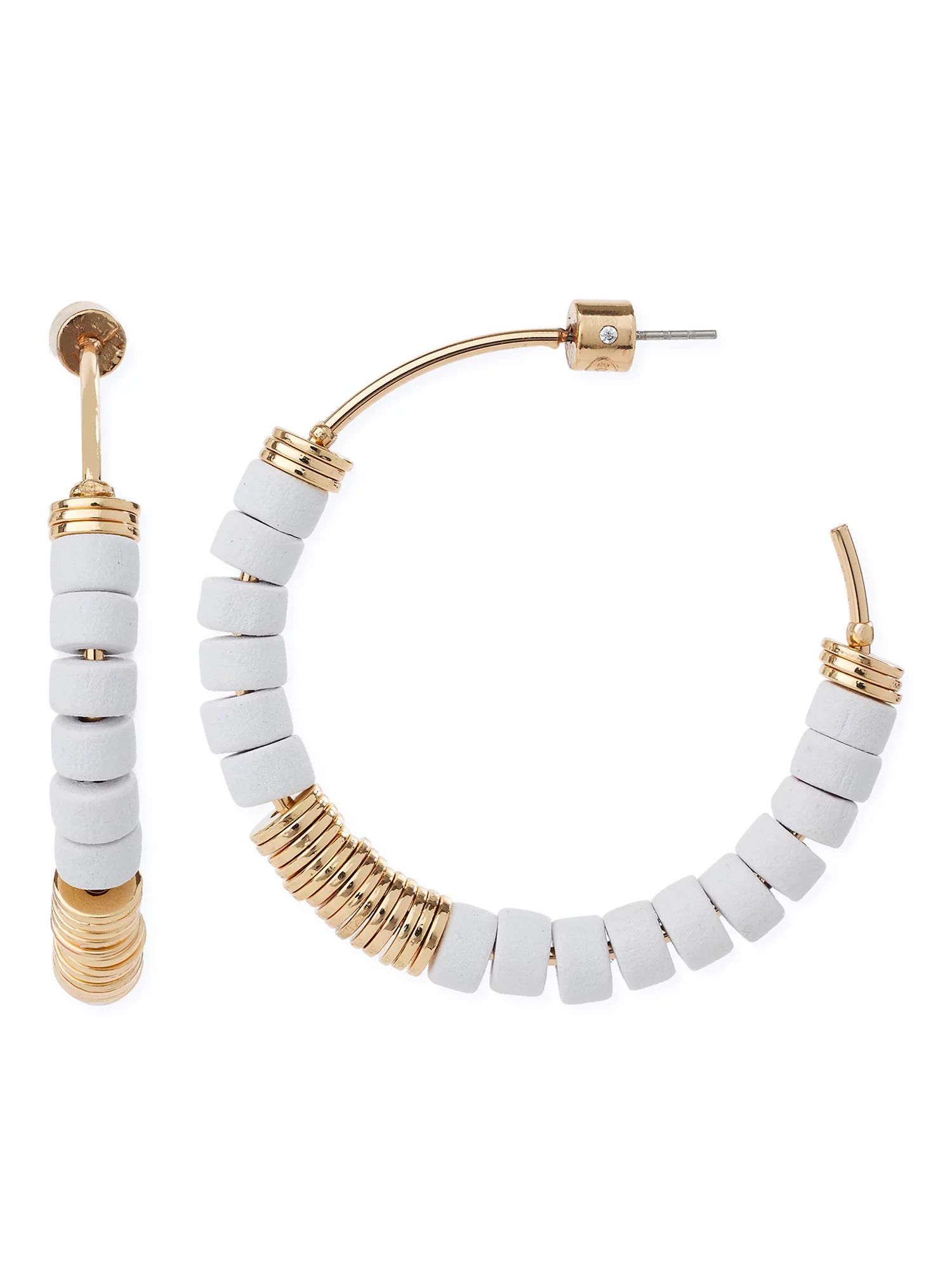 Scoop Women’s Coco Wood Bead and 14K Gold Flash-Plated Open Hoop Earrings, White | Walmart (US)