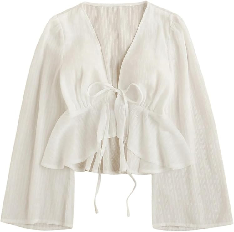 Women's Tie Front Blouse Long Sleeve Shirt Sheer Ruffle Loose Shirt Office Blouse Shirt Top | Amazon (US)