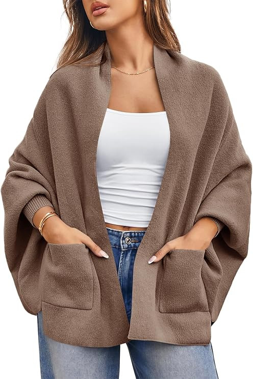 Saodimallsu Womens Open Front Cardigan Batwing Long Sleeve Shawl Chunky Knit Loose Fall Poncho Sw... | Amazon (US)