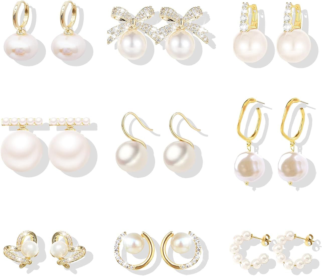 9 Pairs Pearl Stud Earrings for Women Pearl Hoop Huggie Earrings Rhinestone Bow Earrings Set Pear... | Amazon (US)