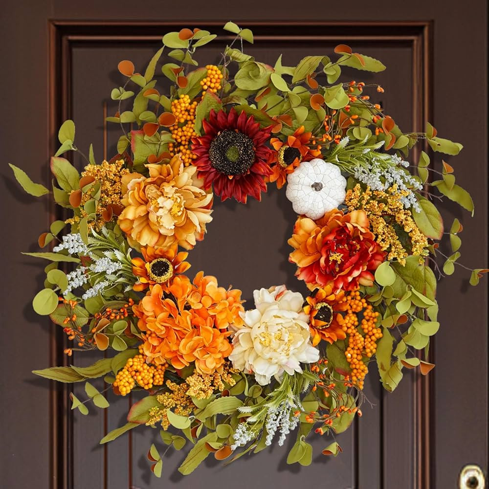 22 Inch Fall Wreaths for Front Door, Soomeir Artificial Autumn Wreath with Peonies Sunflowers Pum... | Amazon (US)