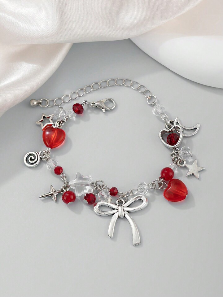 ROMWE Kawaii 1pc Fashionable Sweet & Simple Star Moon Bowknot Pendant Crystal Chain Bracelet Valentines,Mom,Mother,Mother's Day,Gift | SHEIN