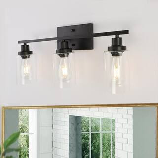 YANSUN 24 in. 3-Light Industrial Matte Black Vanity Light Fixtures for Bathroom with Clear Glass ... | The Home Depot
