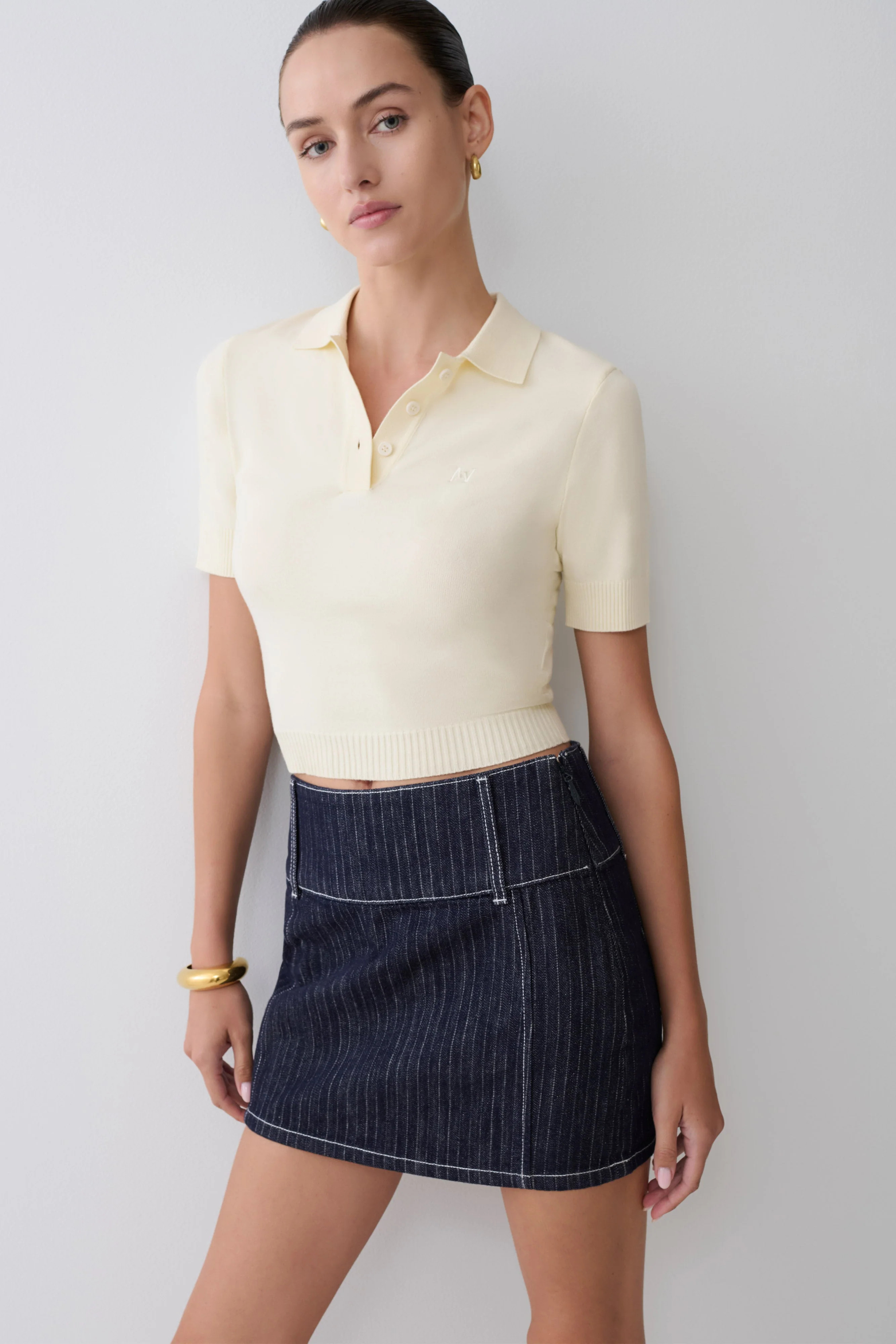 Loraine Mid Rise Denim Mini Skirt - Indigo Pinstripe | MESHKI US