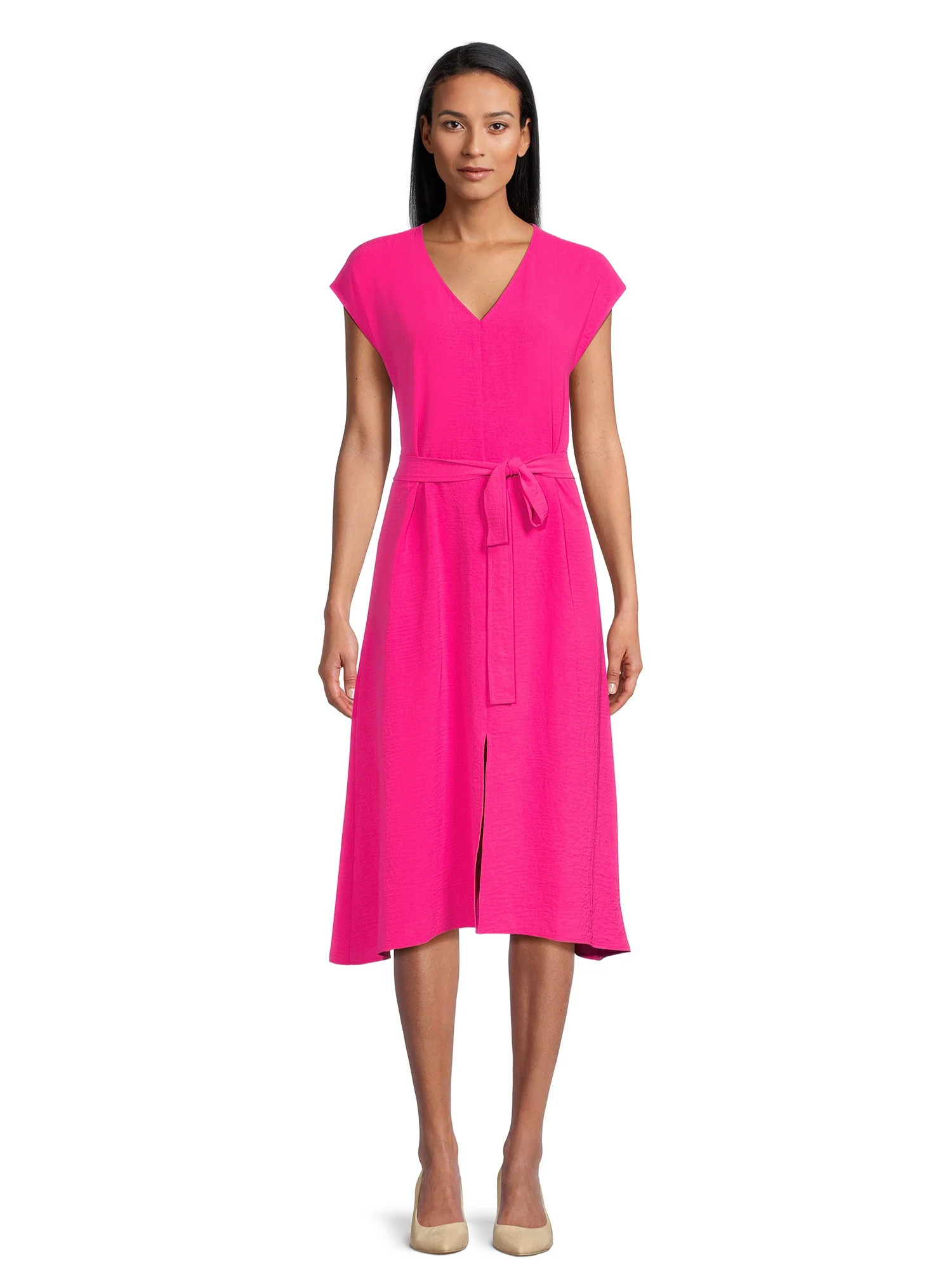 Time and Tru Women's V-Neck Midi Dress with Belt, Sizes XS-3XL | Walmart (US)