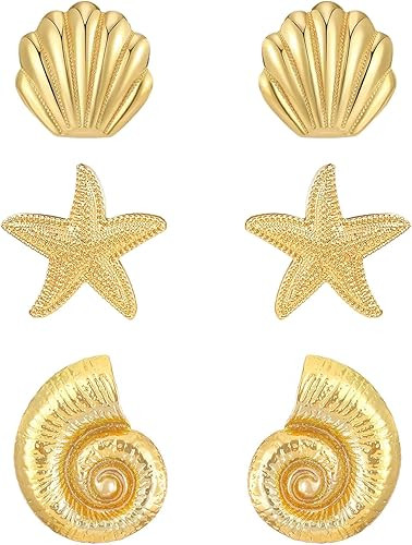 3 Pairs Beach Earrings for Women 14K Gold Statement Earrings Summer Ocean Jewelry Starfish Conch ... | Amazon (US)