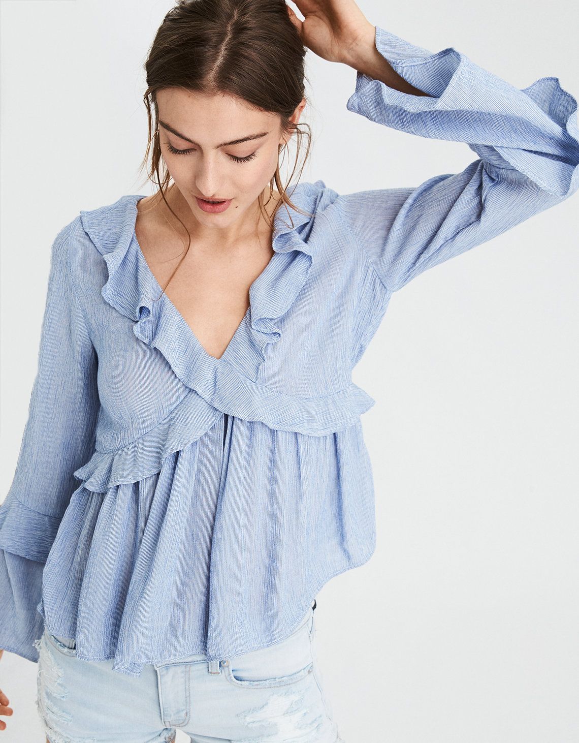 AE Long Sleeve Ruffle Blouse, Blue | American Eagle Outfitters (US & CA)