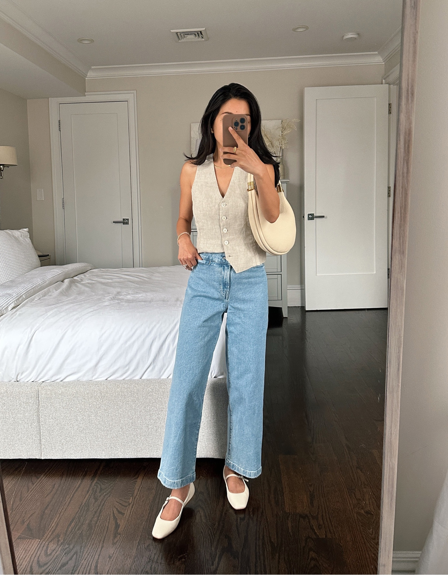 Last day of Madewell 25% off if you create a free account! Great discount on their denim 

• Petite emmet wide leg crop jean in kieran wash 24 petite 

The wash on these is great!

These are similar to my favorite Madewell perfect vintage wide crop jeans but with a finished hem, and have more room at the hips and thighs and small pockets in the front plus a distinct pocket design in the back 

24 petite measures 12.75” across waist, 24.5” inseam 

• dolce vita Mary Jane flats 5.5 Love these ! Feels modern but classic , wish I had in more colors to wear as an everyday flat. If between half sizes I would size up. 

•also on sale: jcrew linen vest 00 / xxs. I tightened it a little using the adjustable back waist strap. Classic style pairs in matching colors with their linen pants and Shorts 

• songmont luna bag converts to 4 ways to wear it 

#petite spring casual weekend outfits 

#LTKsalealert #LTKfindsunder100 #LTKSeasonal