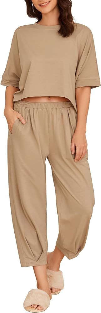 Ekouaer Womens 2 Piece Pajama Set Short Sleeve PJS Crewneck Tops and Lounge Pants Soft Sleepwear ... | Amazon (US)