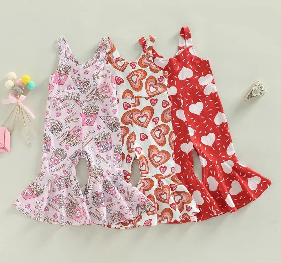 Bell Bottom Baby Girl Romper, Valentines Outfit Toddler, Red Hearts Kids Overalls, My First Vday ... | Etsy (US)