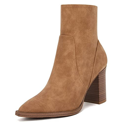 LAICIGO Women's Pointed Toe Ankle Boots Chunky Stacked Heel Side Zipper Faux Suede Ankle Booties, Light Brown, Size 8.5 | Amazon (US)