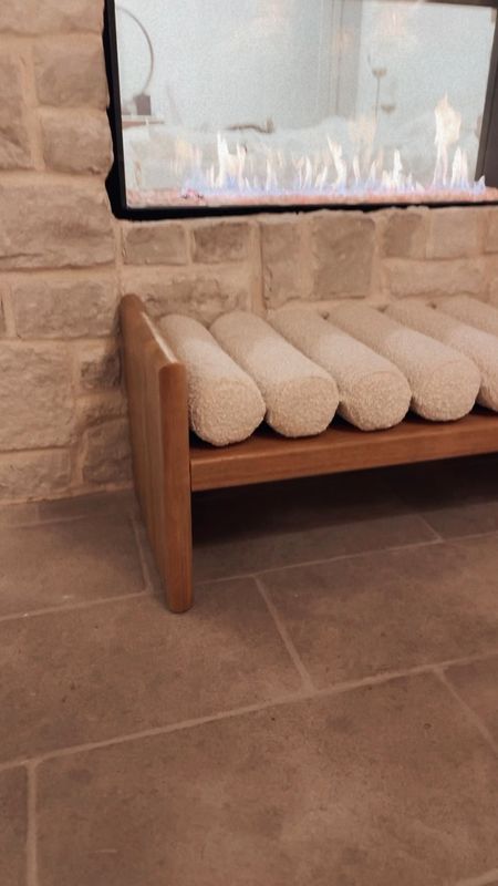 Beautiful wood solid bench with white boucle fabric 

#LTKstyletip #LTKSpringSale #LTKhome