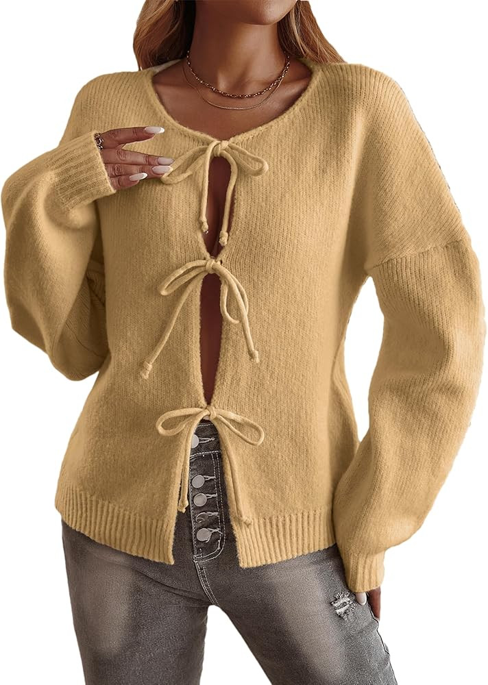 Mingzhu Womens Loose Bow Tie Open Front Cardigan Sweater Casual Long Sleeve Ribbed Knit Outwear | Amazon (US)