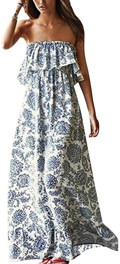 Women Porcelain Strapless Boho Maxi Long Dress | Walmart (US)