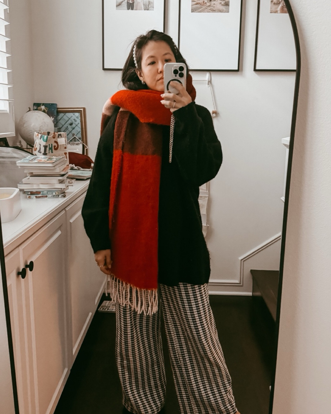 winter scarf and pop of red for a casual work fit — also a day in the office w time stamps on insta 