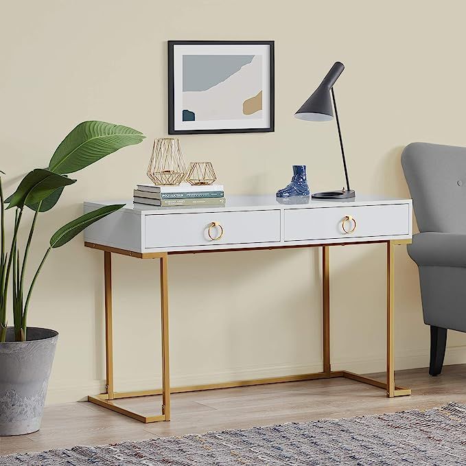 BELLEZE Two-Drawer Home Office Computer Desk Vanity Table, Wood and Metal, White & Gold | Amazon (US)