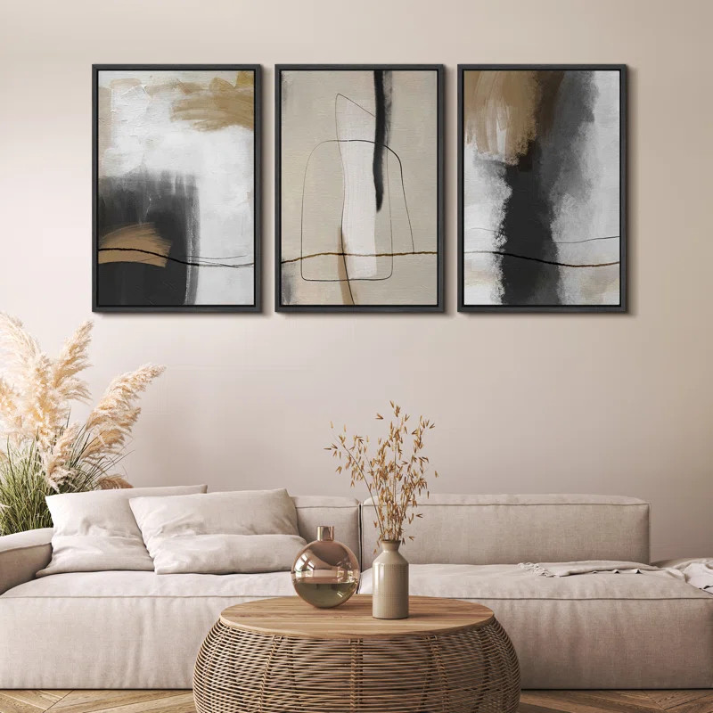 Grunge Abstract Paint Stroke Effect Tan Gray Neutral Organic Modern Pictures Framed Canvas Abstra... | Wayfair North America