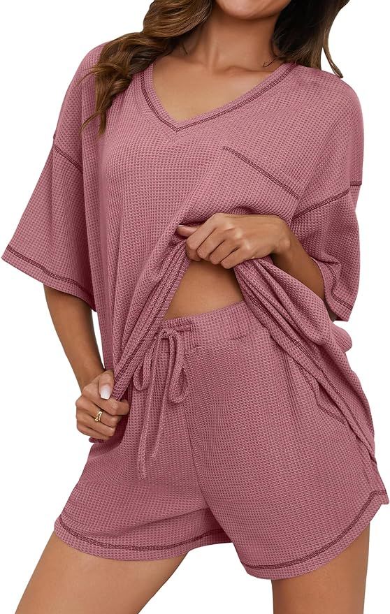 Womens Waffle Knit Pajamas Sets Two Piece Outfits Matching Lounge Set Sleepwear Loungewear Top an... | Amazon (US)