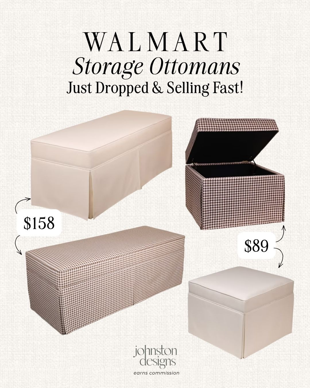 Walmart storage ottomans from the new My Texas House drop 🤎 Such a cute way to add hidden storage to a living room, bedroom, closet, entryway, or playroom. Love the gingham + skirted styles for a designer look on a budget!

Walmart, My Texas House, storage ottoman, ottoman bench, gingham furniture, skirted bench, hidden storage, living room organization, bedroom furniture, entryway seating, closet bench, playroom storage, neutral decor, cottage style, designer look for less, affordable home finds, new arrivals, small space furniture, cozy home, home refresh 

 #LTKHome