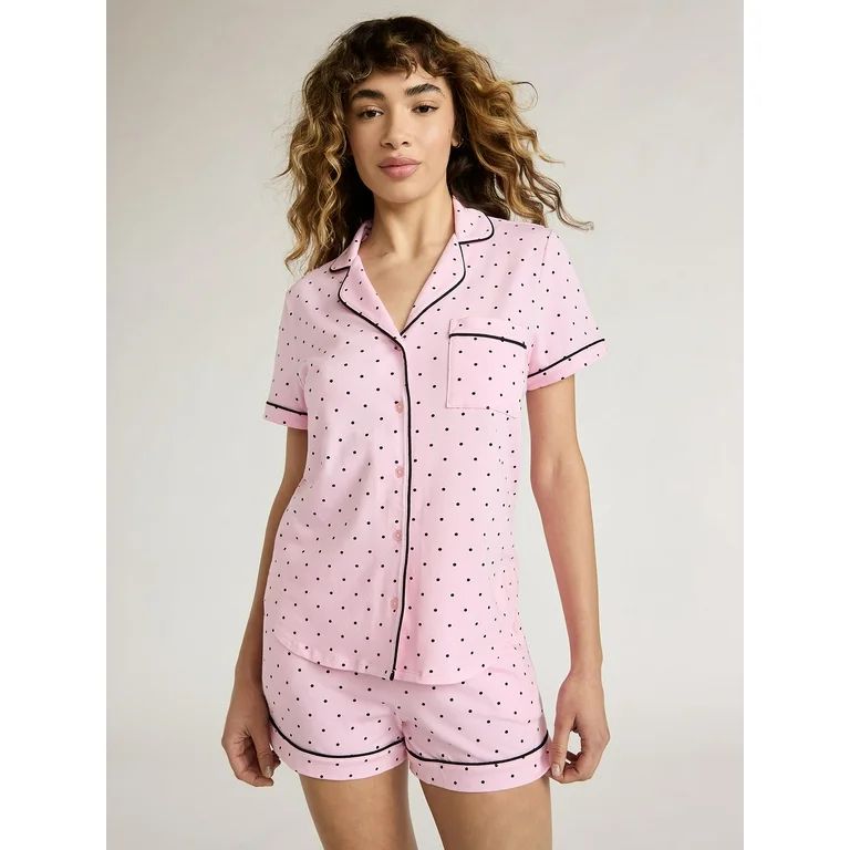 Joyspun Women's Cotton Blend Notch Collar Top and Shorts Pajama Set, 2-Piece, Sizes S to 4X | Walmart (US)