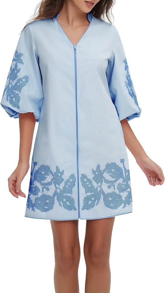 D-Sun Women Mini Dress Summer 3/4 Puff Sleeves Embroidery Floral Tunic Mini Dress V Neck Loose Zi... | Amazon (US)