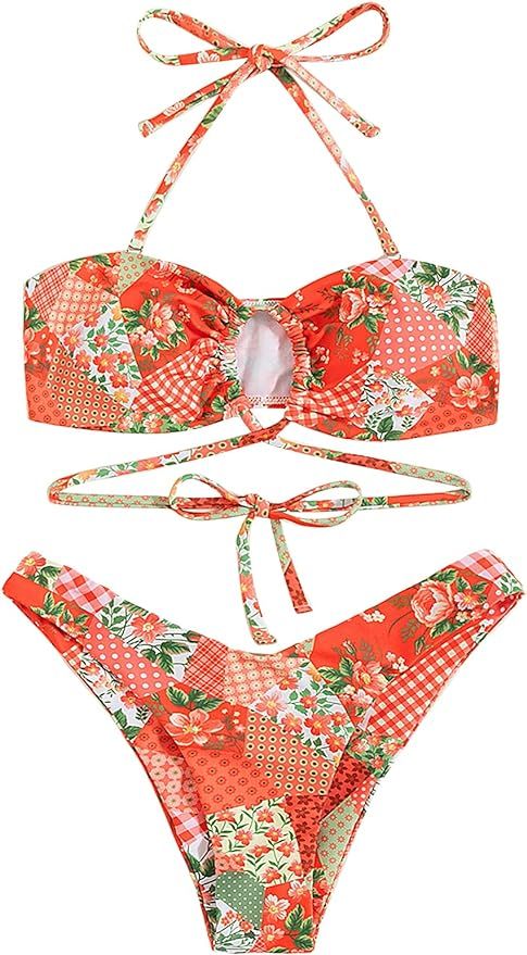 SOLY HUX Women's Printed Swimsuits Halter Top and Tie Side Bikini Bathing Suit | Amazon (US)