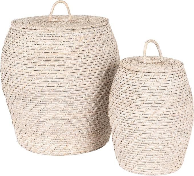 Bloomingville Whitewashed Rattan Baskets with Lids (Set of 2 Sizes) | Amazon (US)