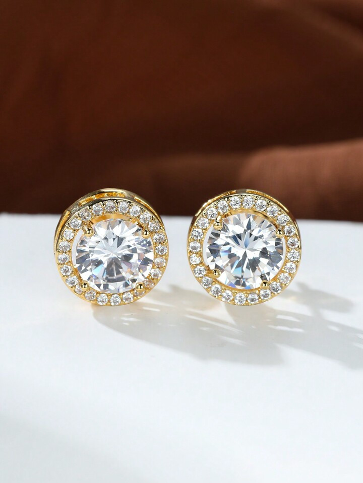 Vanel 1pair Classic Round Semi-Finished White Zirconia Earrings For Women's Luxury And Fashionable Jewelry (Copper Material Is Soft, Ear Needle Can Be Straightened By Hand) | SHEIN