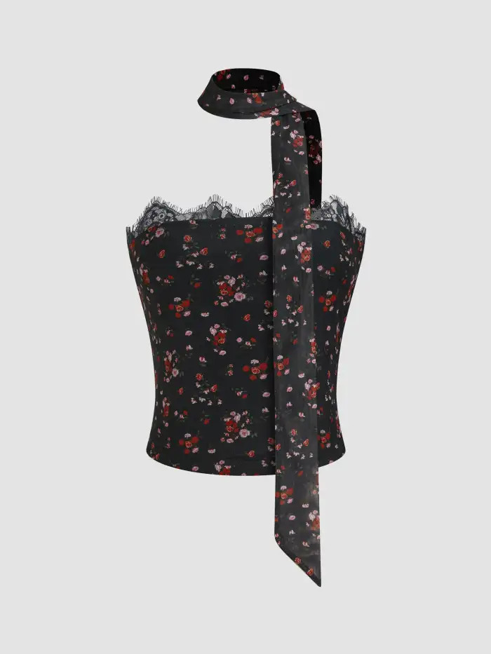 Mesh Floral Lace Trim Crop Bandeau Top With Scarf | Cider