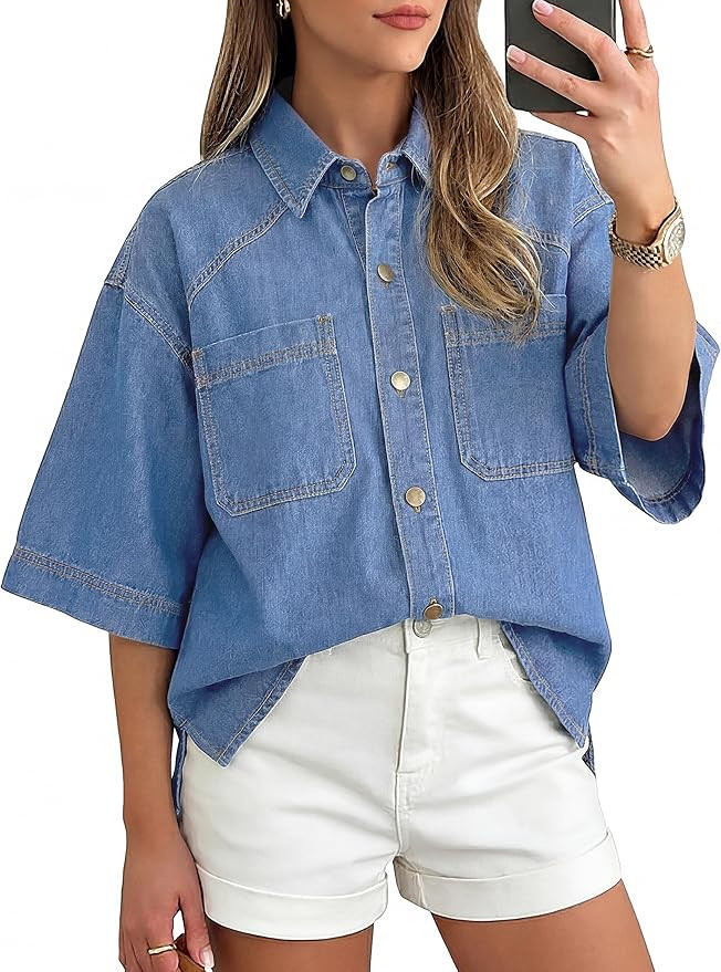 Women's Denim Shirt Button Down Jean Shirts Short Sleeve Blouses Casual Summer Tops Trendy Outfit... | Amazon (US)