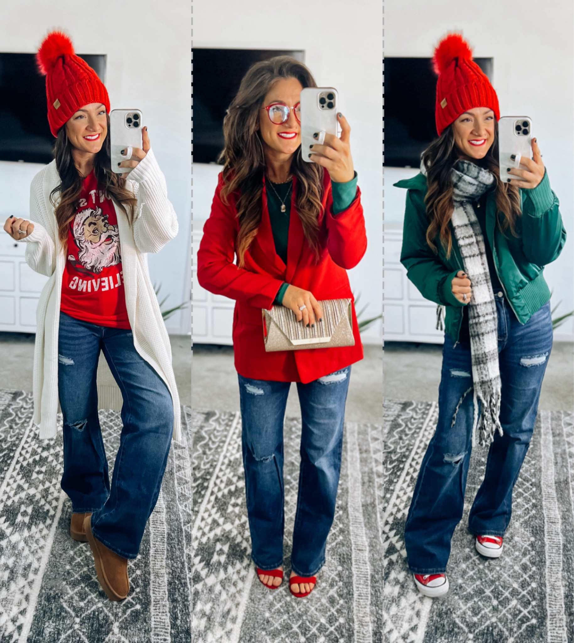 Casual holiday style from at home Christmas get together to work holiday parties!! This Santa tee is only $7!! The blazer is on major markdown and the scarf is a hot deal today and down to only $7.99!! These jeans might just be my favorite from Amazon to date 👏 they are just super comfortable with a great fit! I’m normally a 4-6 and did a size small per the recommendation 

#LTKstyletip #LTKsalealert #LTKfindsunder50