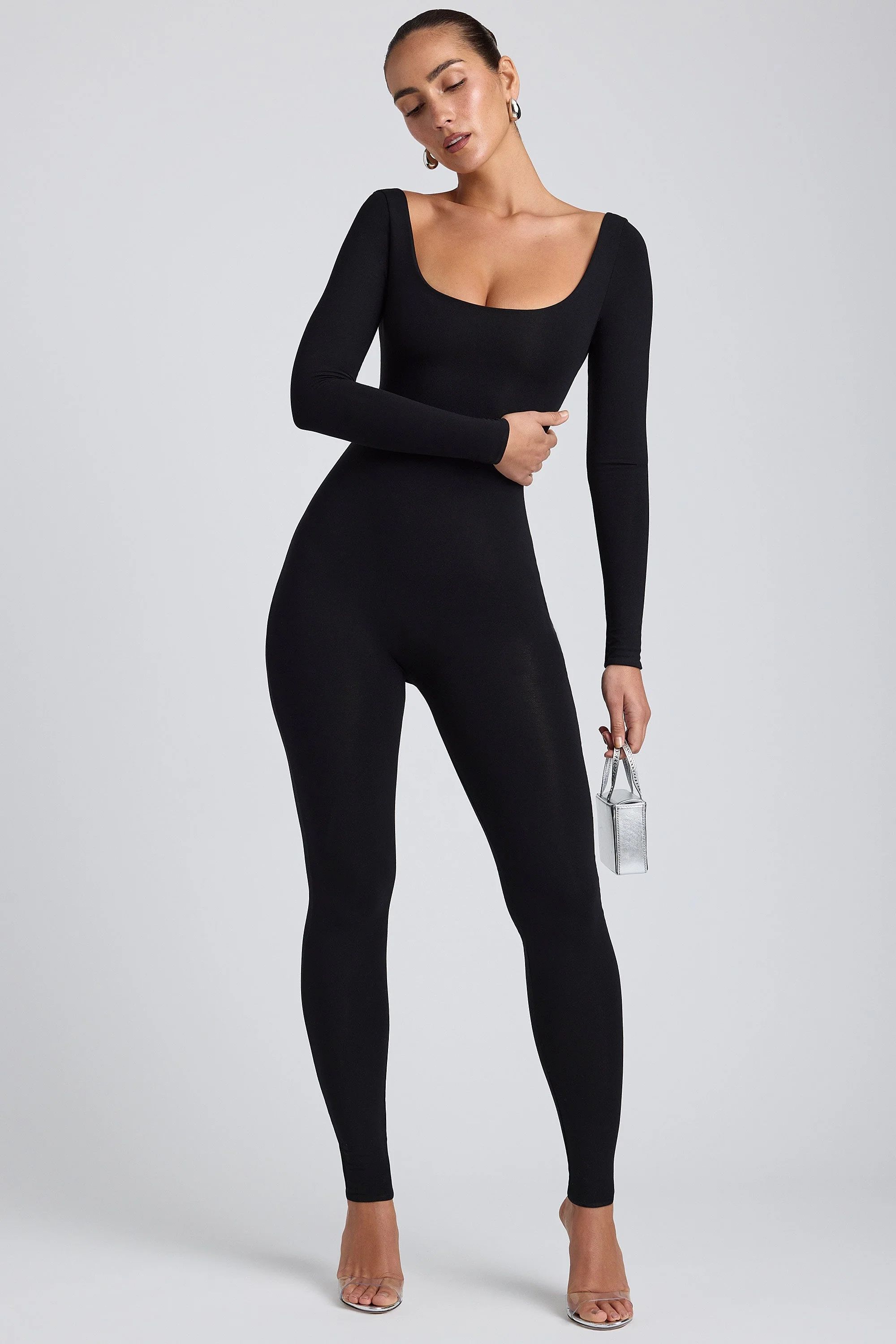 Modal Scoop-Neck Cross-Back Jumpsuit in Black | Oh Polly