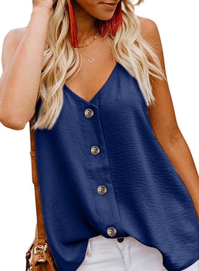 Unicoter Women's Casual V Neck Button Down Strappy Cami Tank Tops Summer Sleeveless Shirts Blouses | Amazon (US)