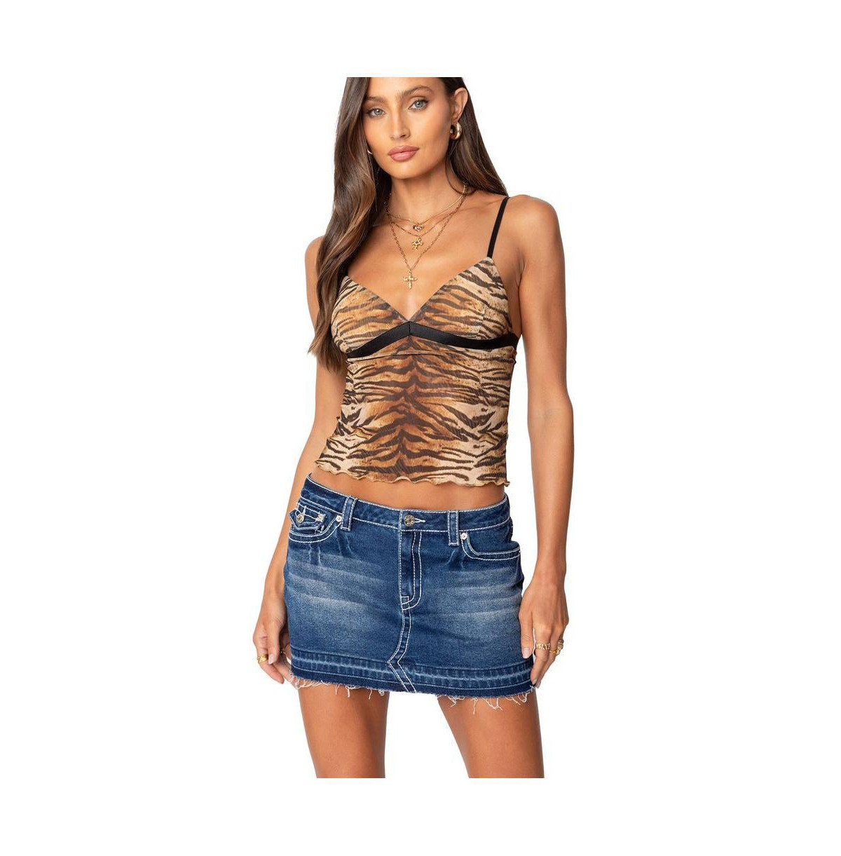 Edikted Womens Tiger Printed Mesh Tank Top - Beige | Macy's