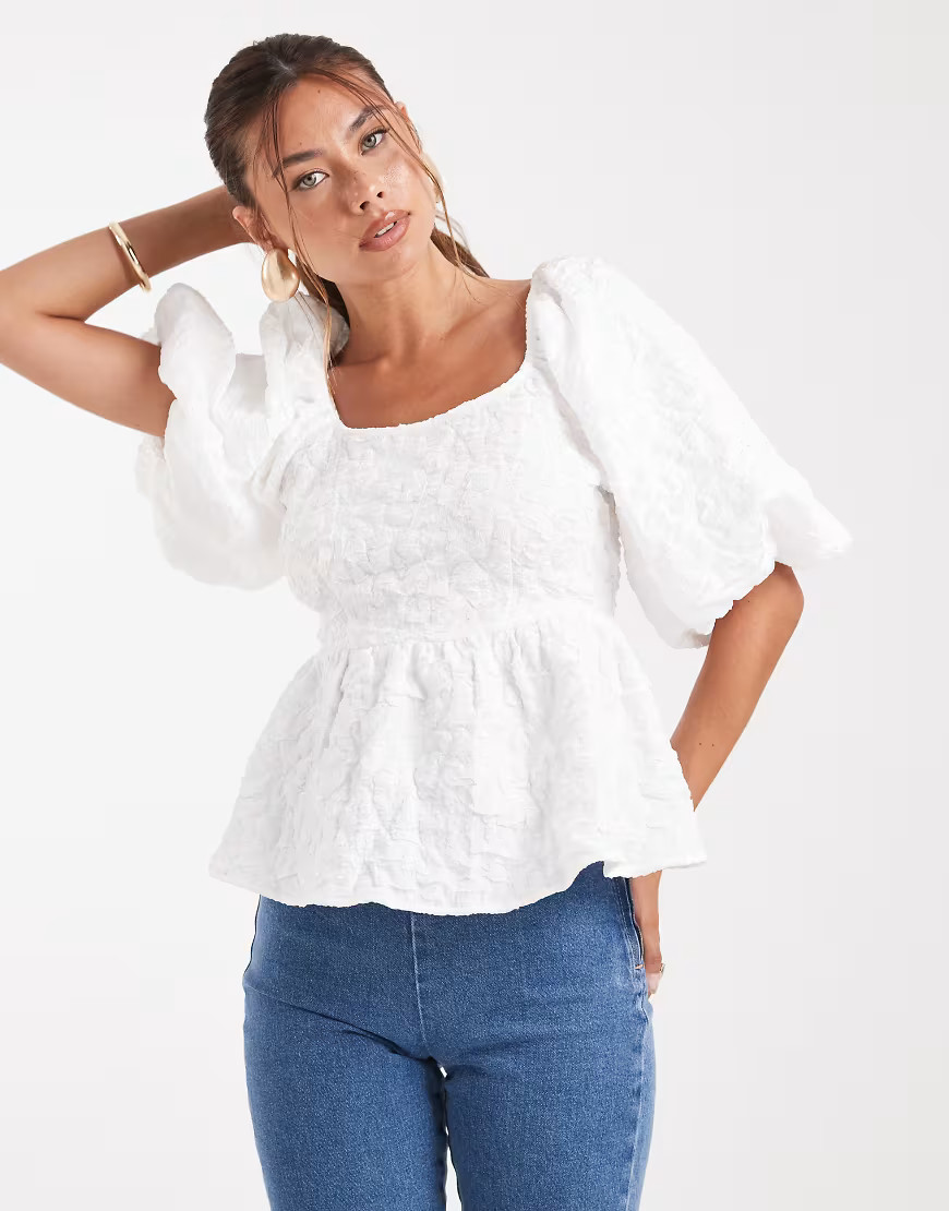 Pieces premium texture puff sleeve top with bow back in white | ASOS (Global)