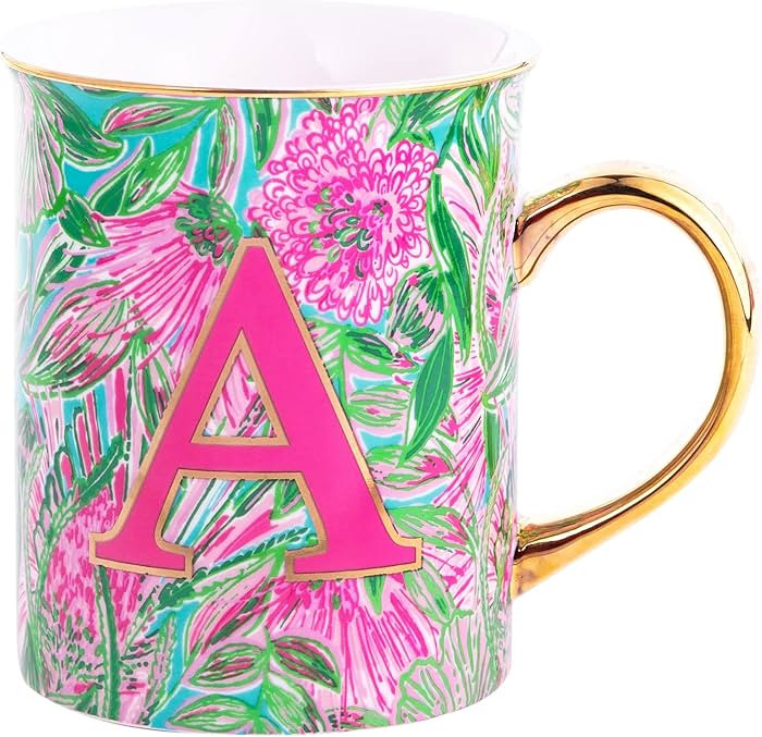 Lilly Pulitzer Initial Ceramic Coffee Mug, 14 Oz Tea Cup, Cute Mug with Gold Handle and Gift Box,... | Amazon (US)
